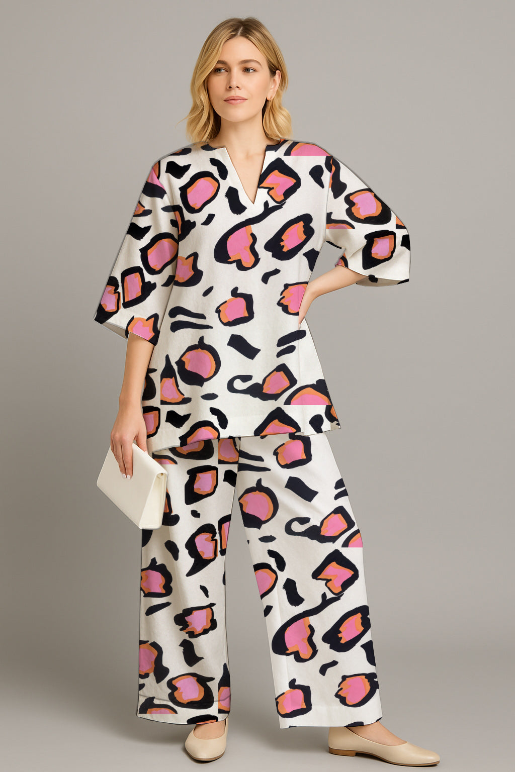 Women's Relaxed Tunic & Wide-Leg Pants Set- with  Art Print - Debbie Jubrail