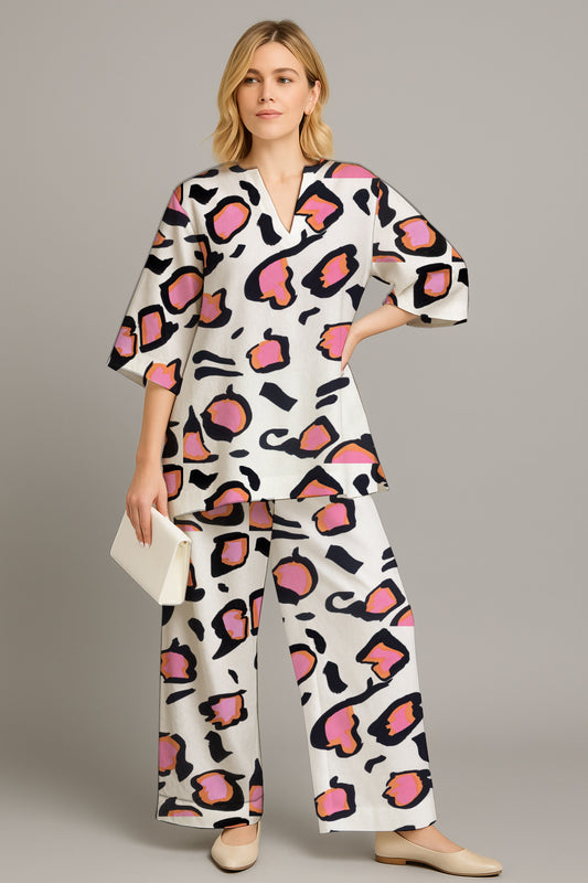 Women's Relaxed Tunic & Wide-Leg Pants Set- with  Art Print - Debbie Jubrail