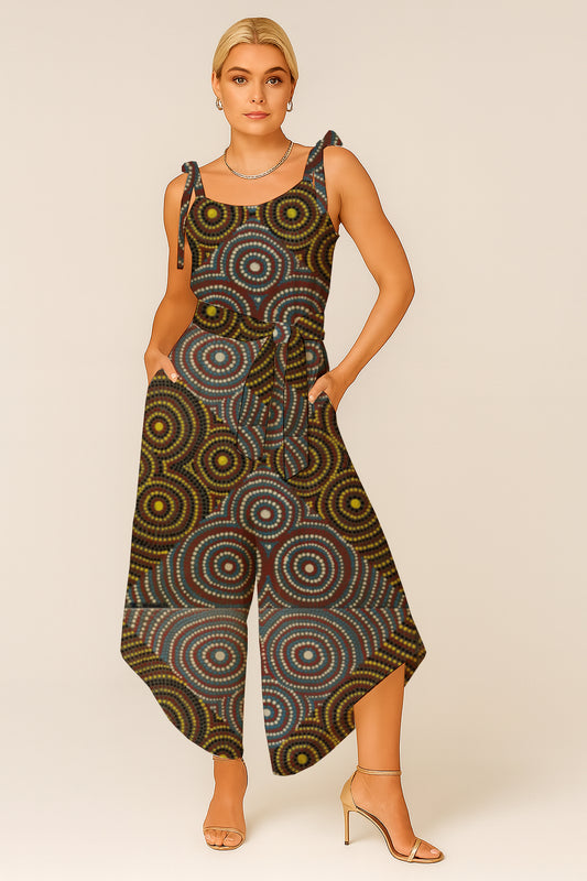 Women's Tie-Shoulder Wide-Leg Jumpsuit with Aboriginal Art Print -   Zara Newell