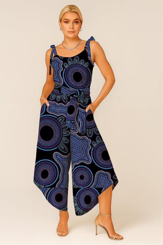 Women's Tie-Shoulder Wide-Leg Jumpsuit with Aboriginal Art Print - Kara Karanfilovski