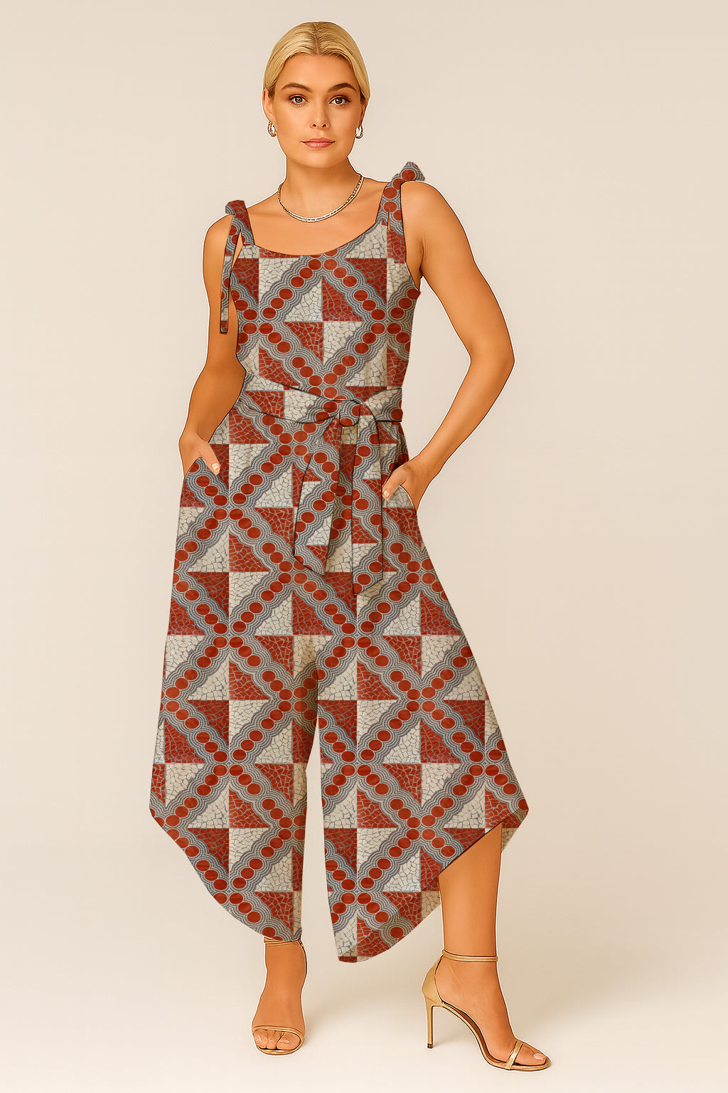 Women's Tie-Shoulder Wide-Leg Jumpsuit with Aboriginal Art Print -  Emily Mbitjana