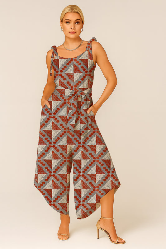 Women's Tie-Shoulder Wide-Leg Jumpsuit with Aboriginal Art Print -  Emily Mbitjana