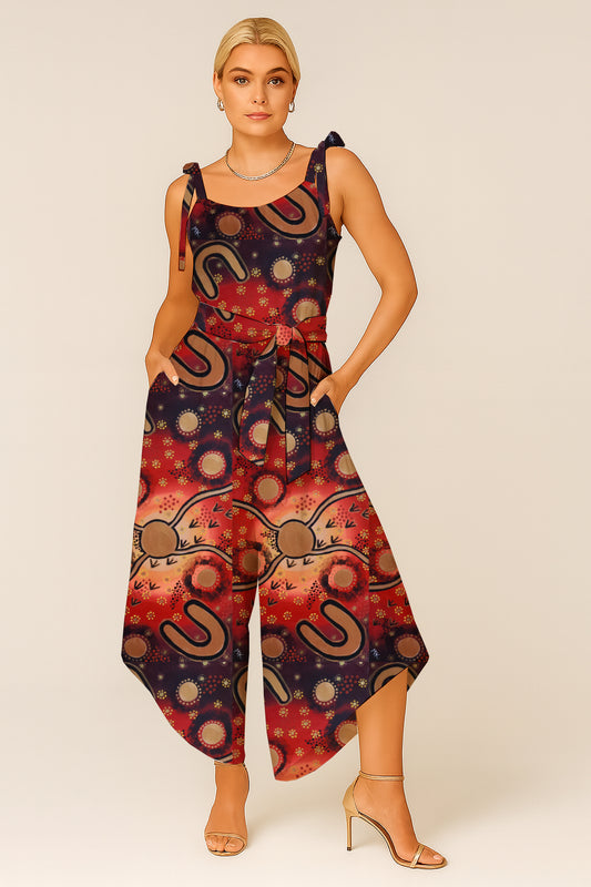 Women's Tie-Shoulder Wide-Leg Jumpsuit with Aboriginal Art Print -  Megan Kennedy
