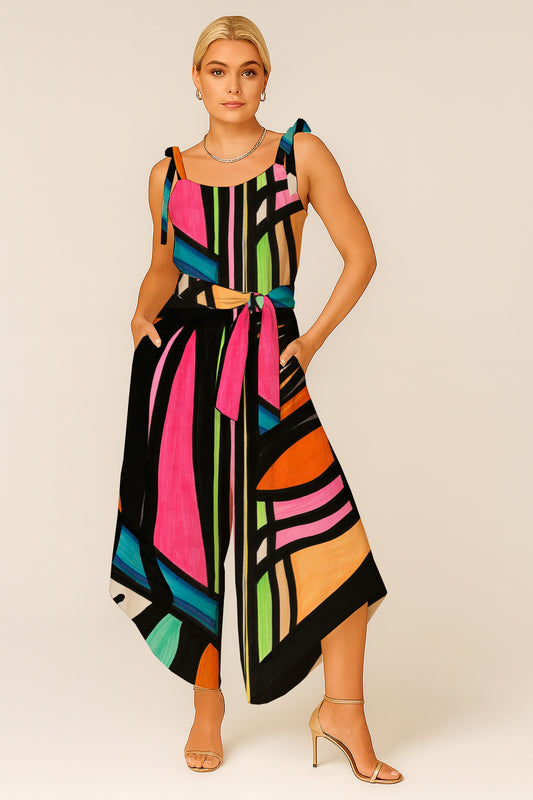 Women's Tie-Shoulder Wide-Leg Jumpsuit with Art Print - Debbie Jubrail