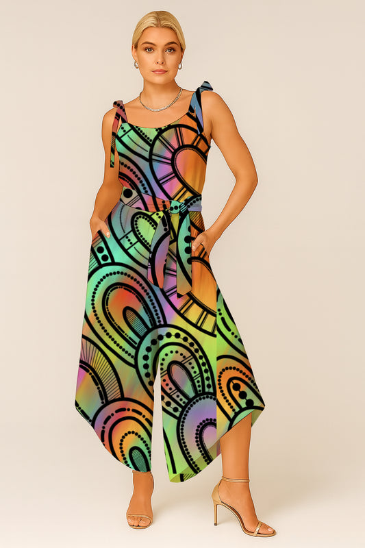 Women's Tie-Shoulder Wide-Leg Jumpsuit with Aboriginal Art Print - Kara Karanfilovski
