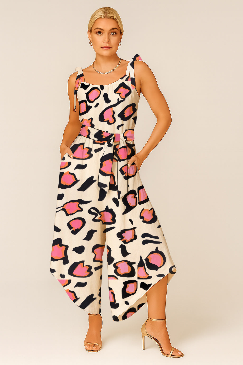 Women's Tie-Shoulder Wide-Leg Jumpsuit with  Art Print - Debbie Jubrail