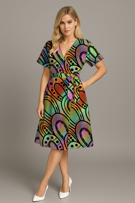 V-Neck Wrap Dress with Waist Tie - with Aboriginal Art Print -Kara Karanfilovski
