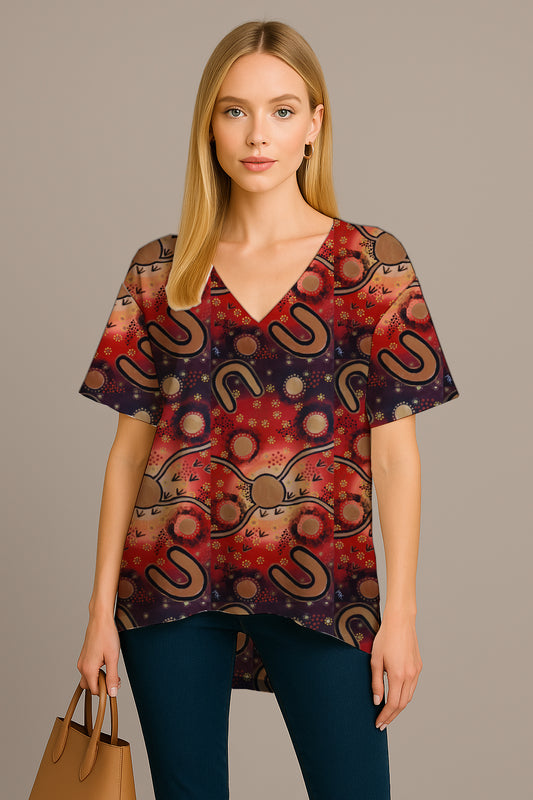 - Relaxed V-Neck Short-Sleeve Top with Aborginal Art Print- Megan Kennedy