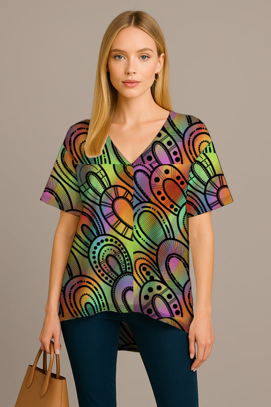 Relaxed V-Neck Short-Sleeve Top with Aborginal Art Print- Kara Karanfilovski