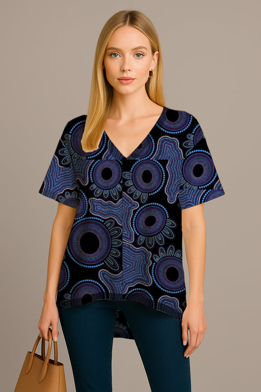 Relaxed V-Neck Short-Sleeve Top with Aborginal  Art Print- Kara Karanfilovski