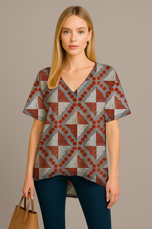 Relaxed V-Neck Short-Sleeve Top with Aborginal Art Print- Emily Mbitjana