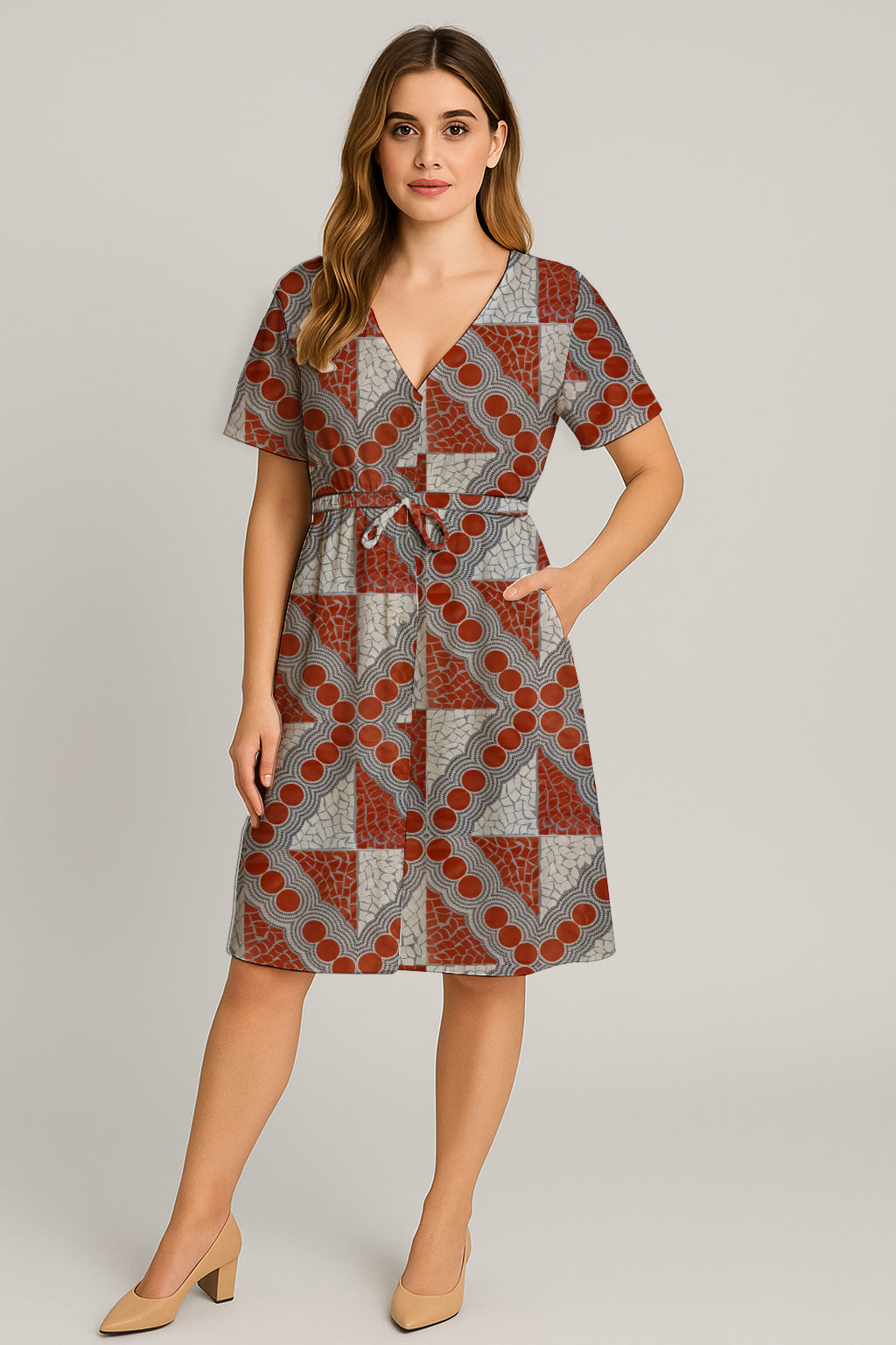 Short-Sleeve V-Neck Button-Front Drawstring Midi Dress with Aborginal Art Print-  Emily Mbitjana