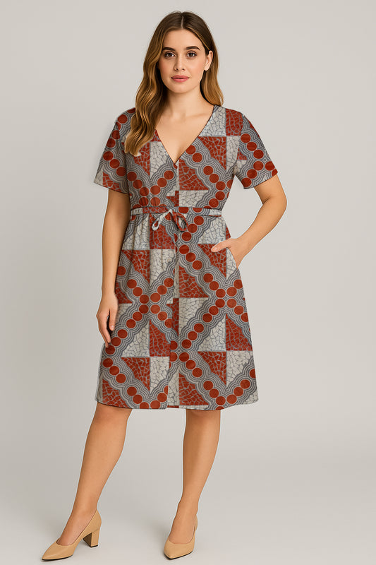 Short-Sleeve V-Neck Button-Front Drawstring Midi Dress with Aborginal Art Print-  Emily Mbitjana