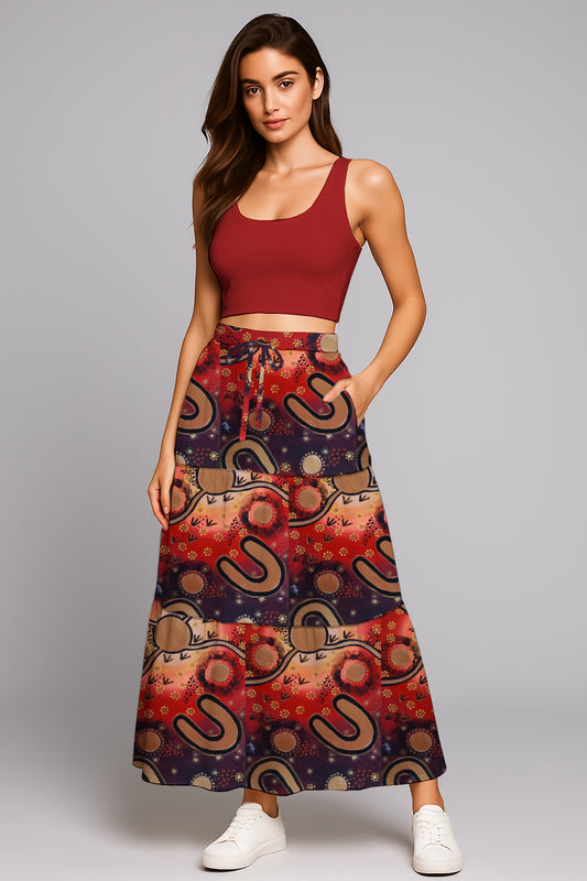 Women’s Drawstring Maxi Skirt- with Aboriginal Art Print - -Megan Kennedy