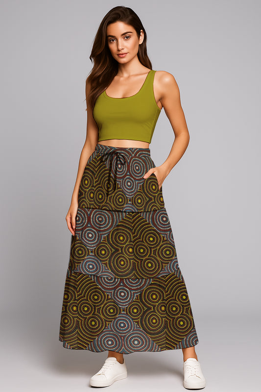 Women’s Drawstring Maxi Skirt- with Aboriginal Art Print - Zara Newell