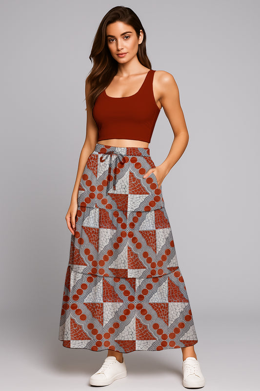 Women’s Drawstring Maxi Skirt- with Aboriginal Art Print -  Emily Mbitjana