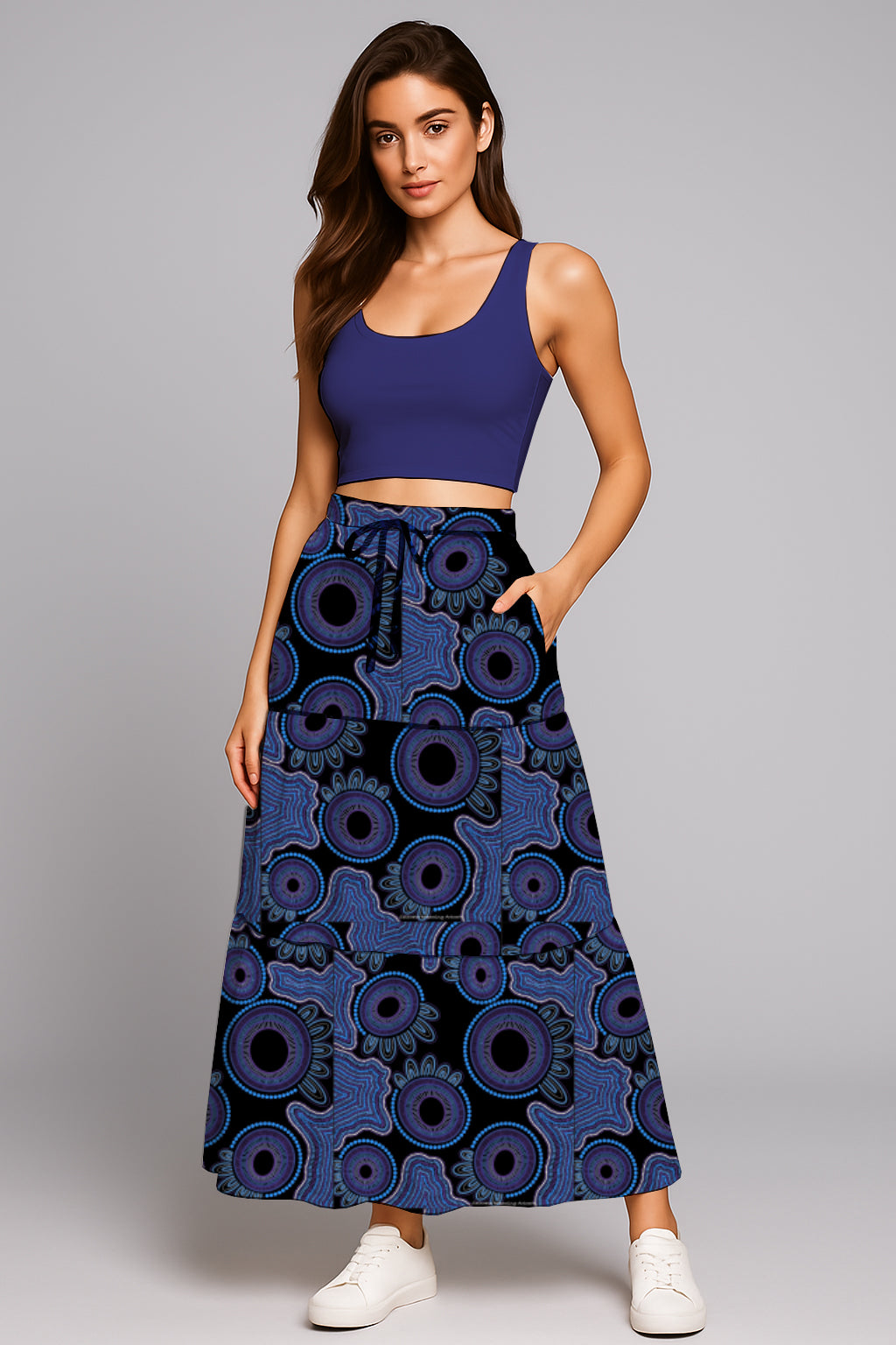 Women’s Drawstring Maxi Skirt- with Aboriginal Art Print -  Kara Karanfilovski