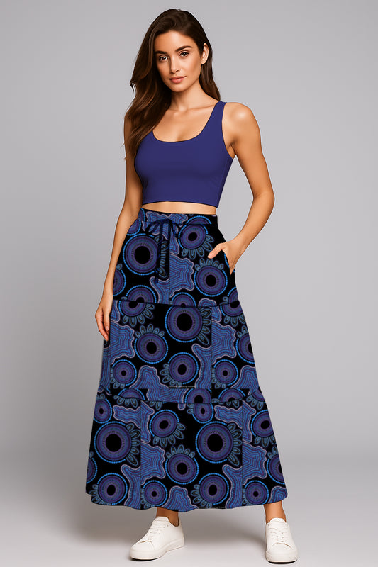 Women’s Drawstring Maxi Skirt- with Aboriginal Art Print -  Kara Karanfilovski