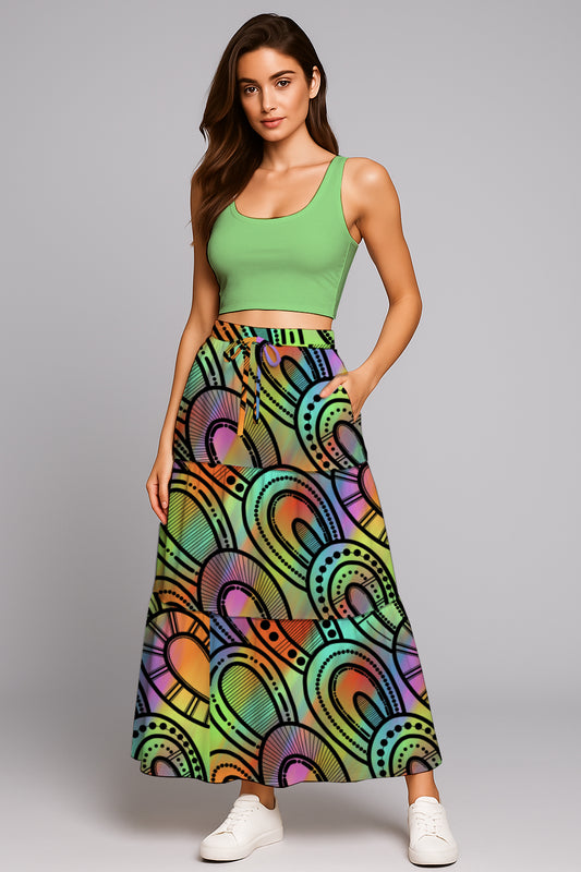 Women’s Drawstring Maxi Skirt- with Aboriginal Art Print -  Kara Karanfilovski