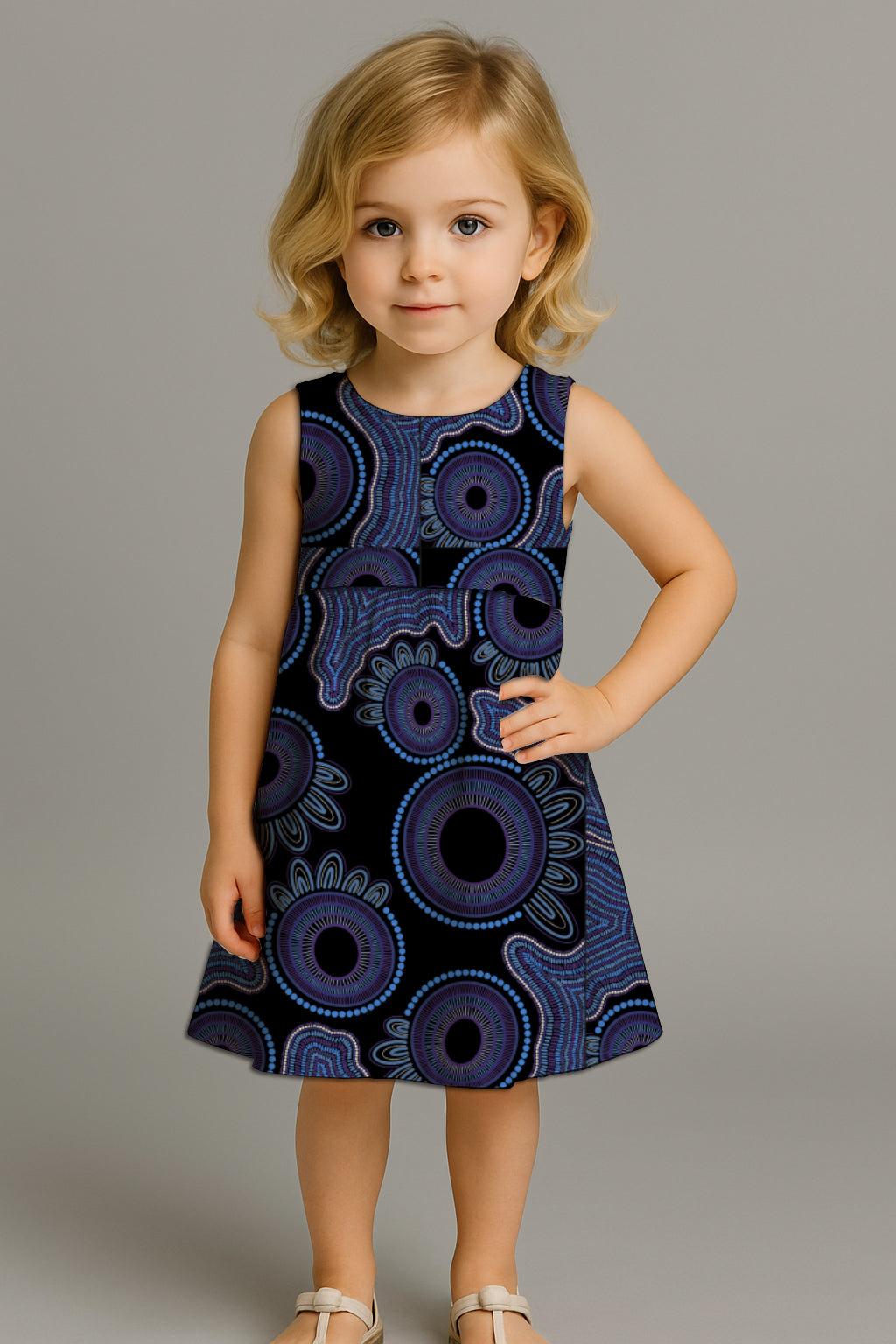 Girls' Sleeveless Back-Tie Dress with Aboriginal Art  Print- kara Karanfilovski
