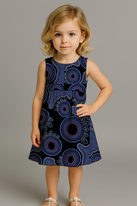 Girls' Sleeveless Back-Tie Dress with Aboriginal Art  Print- kara Karanfilovski