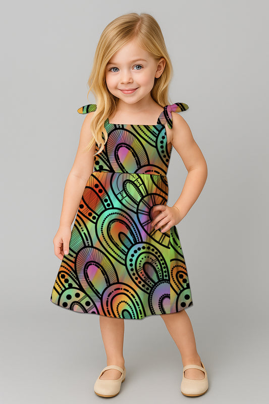 Girls' Tie-Shoulder A-Line Dress  with Aboriginal Art Print- kara Karanfilovski
