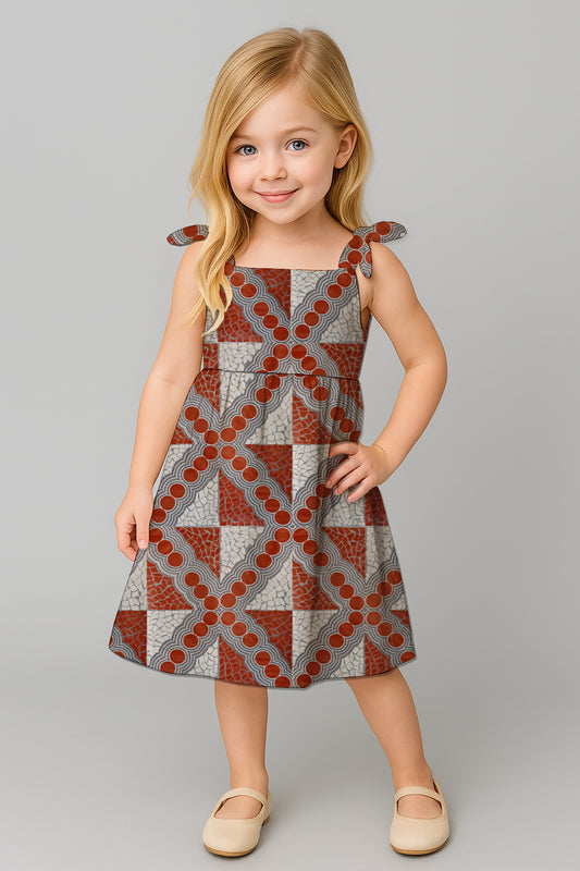 Girls' Tie-Shoulder A-Line Dress  with Aboriginal Art Print- Emily Mbitjana