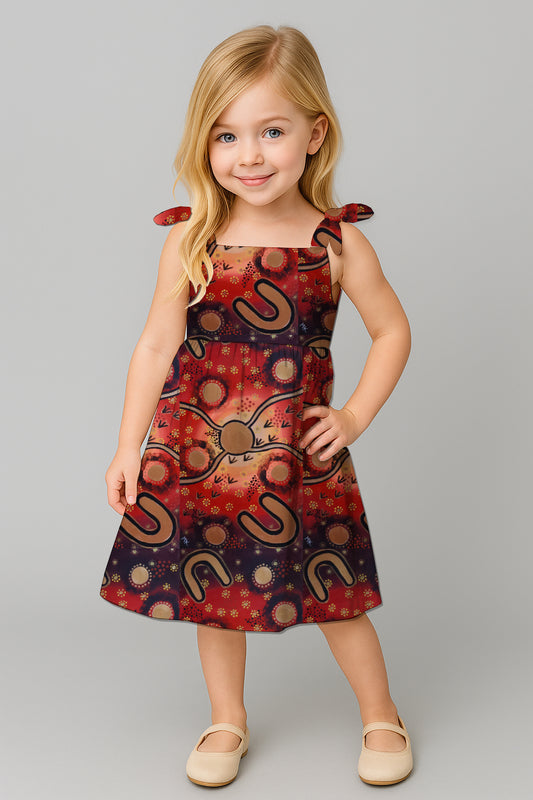 Girls' Tie-Shoulder A-Line Dress  with Aboriginal Art Print- Megan Kennedy