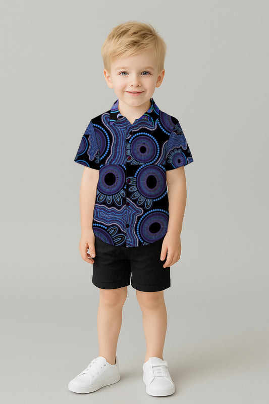 Boys' Short Sleeve Shirt  – Aboriginal Art Print  with Aborginal Art Print-Kara Karanfilovski