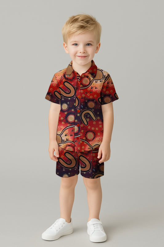 Boys' Short Sleeve Shirt & Shorts Set -with Aborginal Art Print- Megan Kennedy