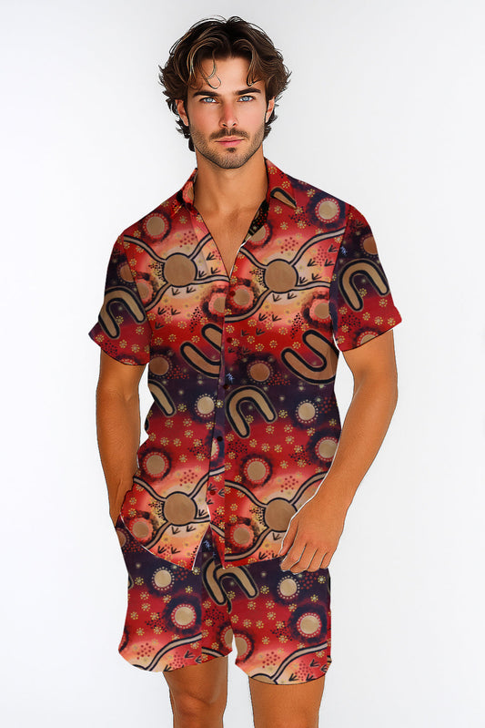 Short Sleeve Button-Up Shirt  & Shorts Set  – with Aboriginal Art Print - Megan Kennedy
