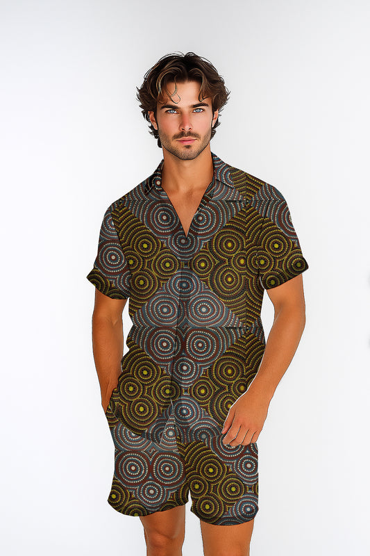 Short Sleeve Button-Up Shirt  & Shorts Set  – with Aboriginal Art Print -  Zara Newell