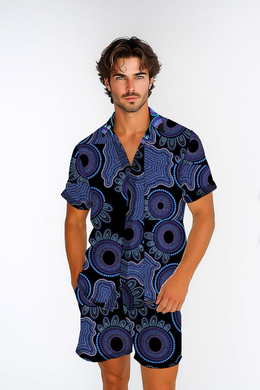 Short Sleeve Button-Up Shirt  & Shorts Set  – with Aboriginal Art Print - Kara Karanfilovski