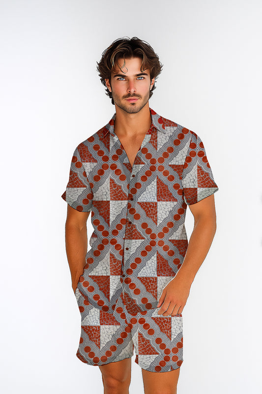 Short Sleeve Button-Up Shirt  & Shorts Set  – with Aboriginal Art Print -  Emily Mbitjana