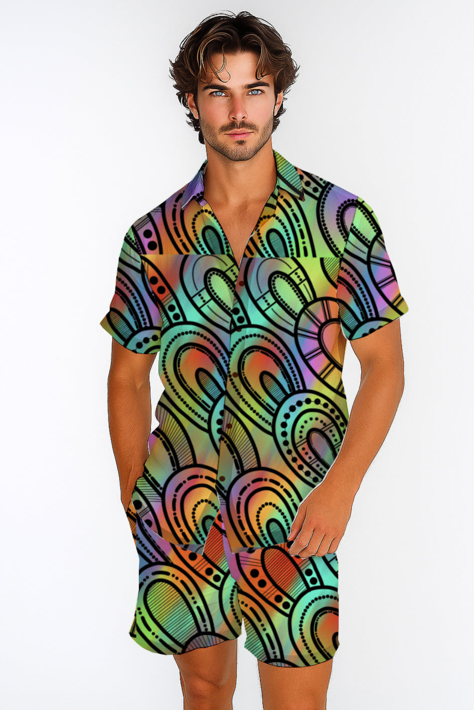Short Sleeve Button-Up Shirt  & Shorts Set  – with Aboriginal Art Print - Kara Karanfilovski