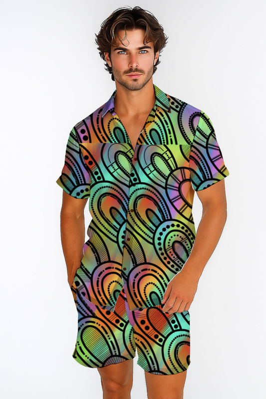 Short Sleeve Button-Up Shirt  & Shorts Set  – with Aboriginal Art Print - Kara Karanfilovski