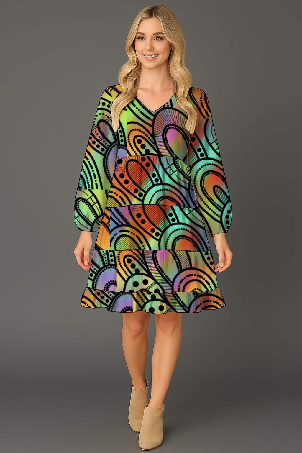 Long-Sleeve V-Neck Tiered Midi Dress with Aborginal Art Print -   Kara Karanfilovski