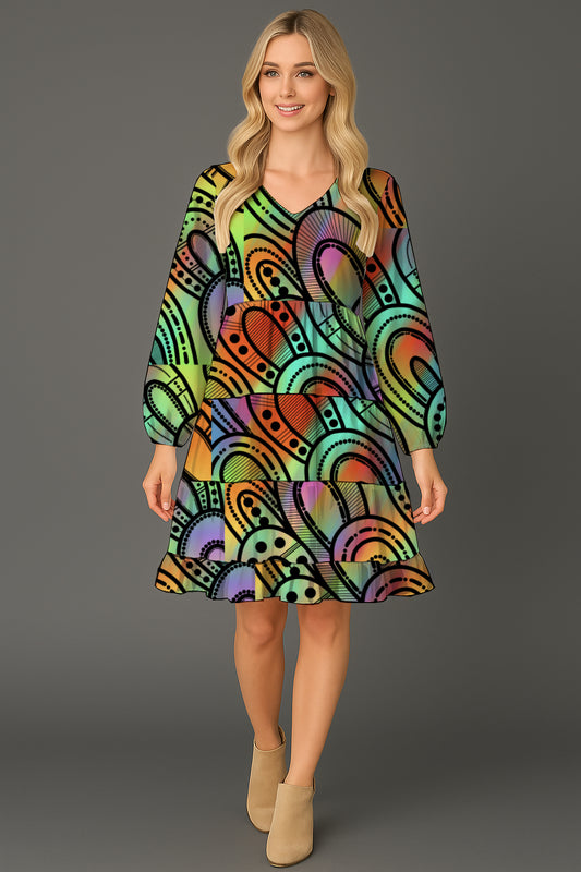 Long-Sleeve V-Neck Tiered Midi Dress with Aborginal Art Print -   Kara Karanfilovski