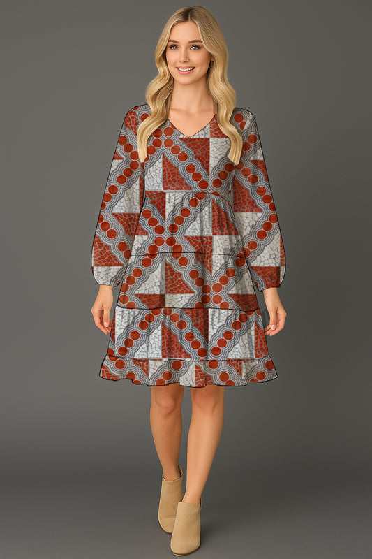 Long-Sleeve V-Neck Tiered Midi Dress  with Aborginal Art Print-  Emily Mbitjana