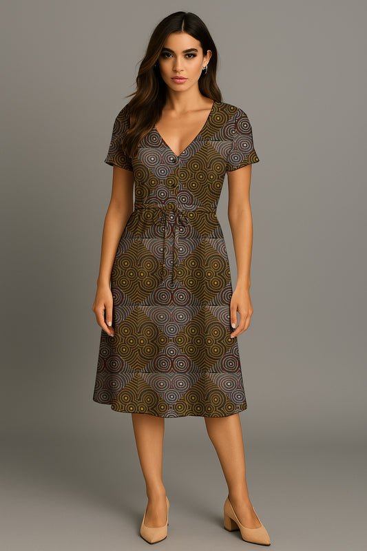 Short-Sleeve V-Neck Button-Front Drawstring Midi Dress with Aborginal Art Print-   Zara Newell