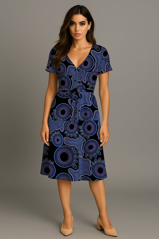 Short-Sleeve V-Neck Button-Front Drawstring Midi Dress with Aborginal Art Print-   Kara Karanfilovski