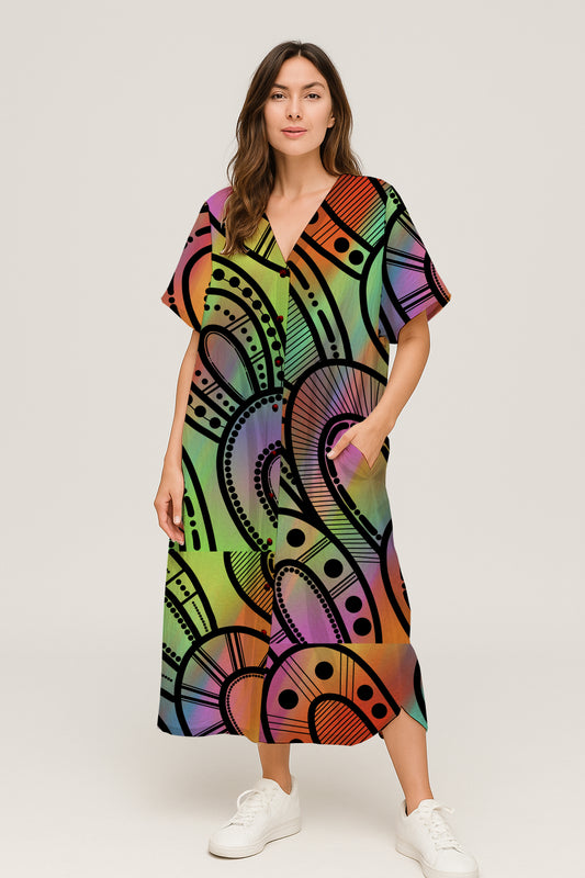 Sleeve Button-Front V-Neck Midi Dress with Aborginal Art Print - Kara Karanfilovski