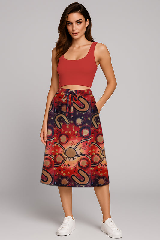 Drawstring Waist Midi Skirt – A-Line - with Aboriginal Art Print -  Megan Kennedy
