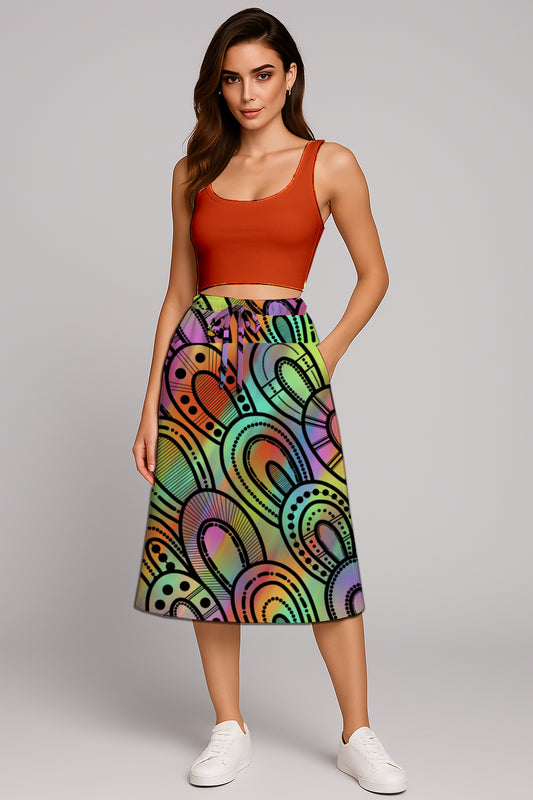 Drawstring Waist Midi Skirt – A-Line - with Aboriginal Art Print -  Kara Karanfilovski