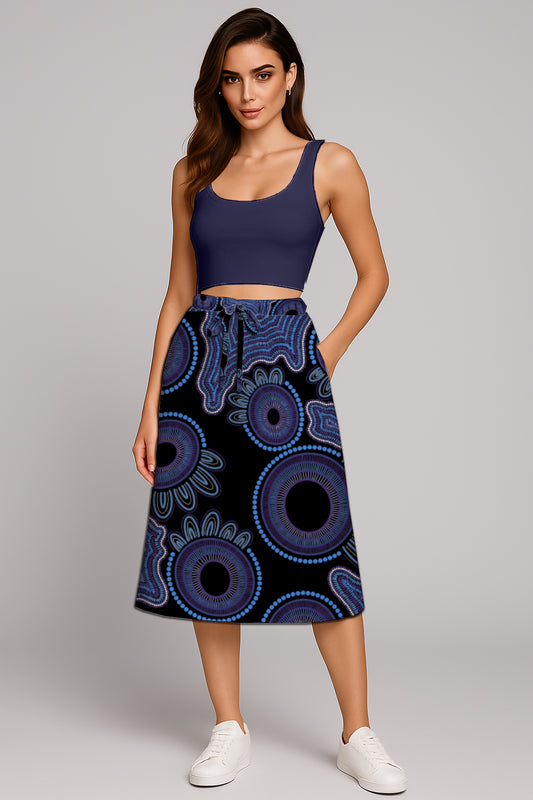 Drawstring Waist Midi Skirt – A-Line - with Aboriginal Art Print -  Kara Karanfilovski