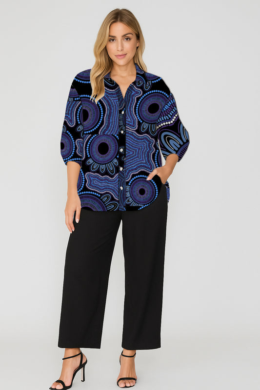 Button-Down  Shirt – Relaxed Fit with Aboriginal Art Print- Kara Karanfilovski
