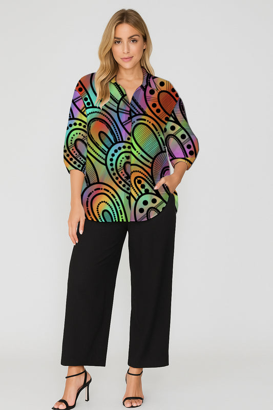 Button-Down  Shirt – Relaxed Fit with Aboriginal Art Print -Kara Karanfilovski