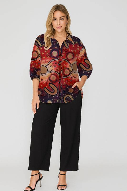 Button-Down  Shirt – Relaxed Fit with Aboriginal Art Print -Megan Kennedy