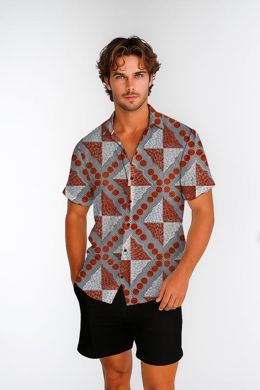 Short Sleeve Button-Up Shirt – with Aboriginal Art Print -Emily Mbitjana