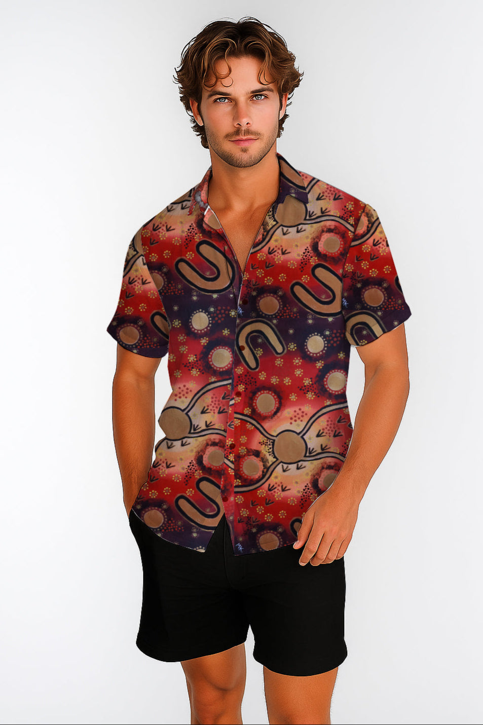Short Sleeve Button-Up Shirt – with Aboriginal Art Print -Megan Kennedy